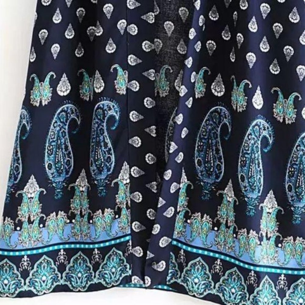Luxe Boho Printed Gypsy Kimono Navy Blue Cardigan - Picture 5 of 10